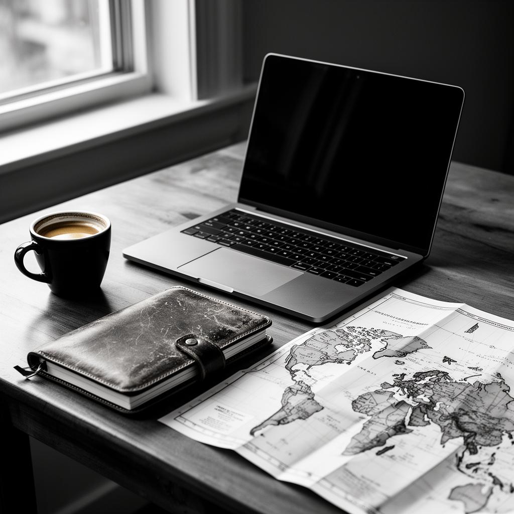 Editorial still life: laptop, espresso, leather notebook, and a folded world map